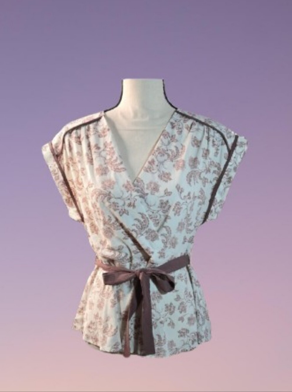 NWT Monteau Mauve/Rose Floral Wrap Women's Blouse Top Tie-Belt Peplum